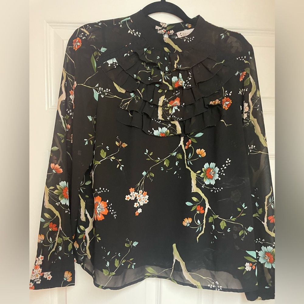 Floral Ruffle Black Blouse